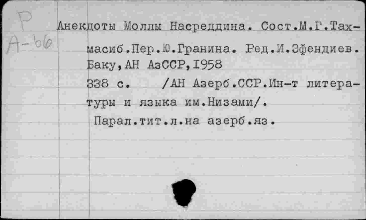 ﻿екдоты Моллы Насреддина. Сост.М.Г.Тах-масиб.Пер.Ю.Гранина. Ред.И.Эфендиев. Баку,АН АзССР,1958
338 с. /АН Азерб.ССР.Ин-т литературы и языка им.Низами/.
Парал.тит.л.на азерб.яз.
*